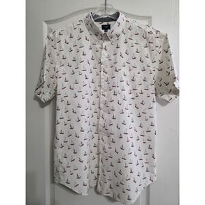 J.Crew Mens L White Sailboat Print Short Sleeve Cotton Button Down Shirt Classic